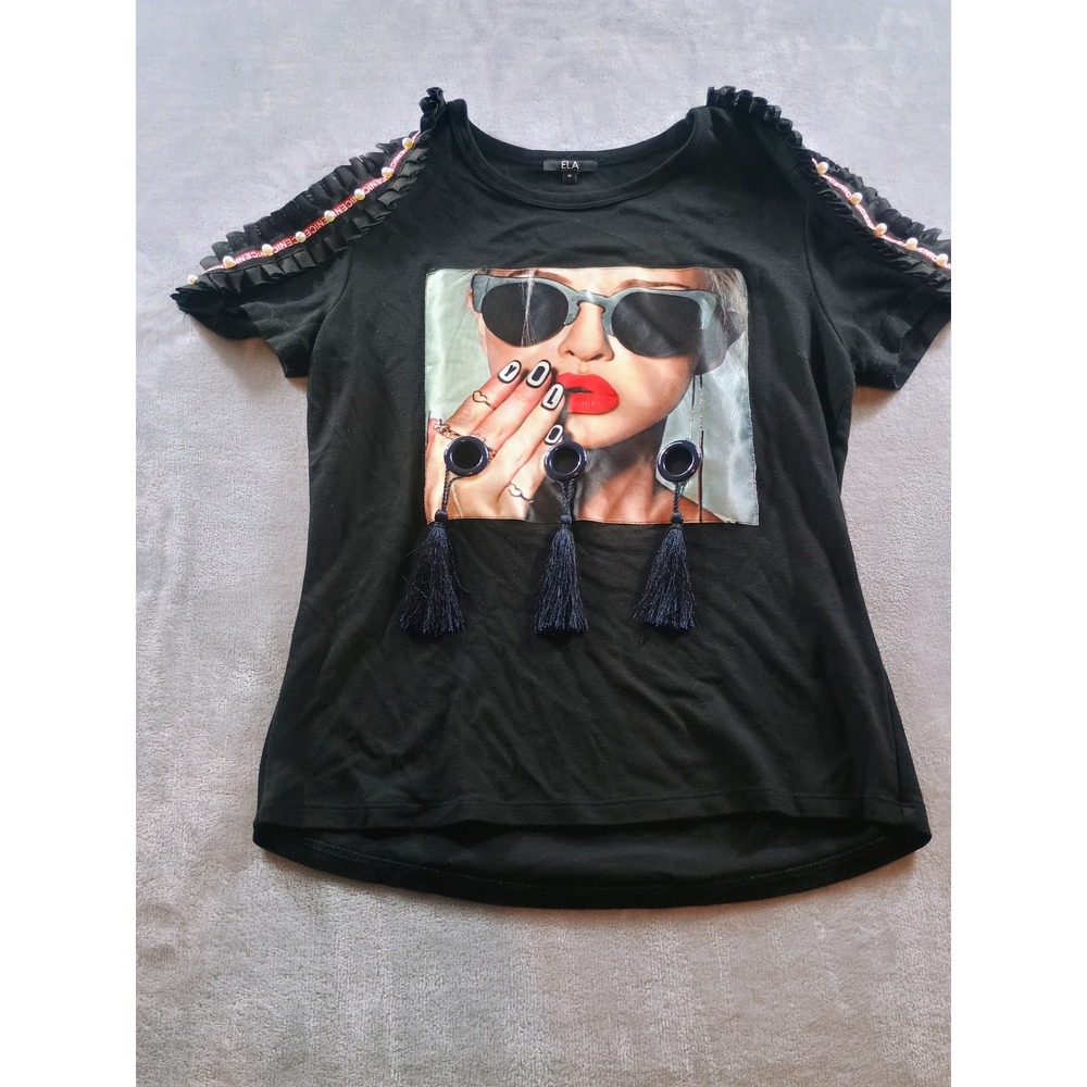 ELA Women Graphic Tassel‎ Tee Black Medium Ruffle Pearl Shoulder